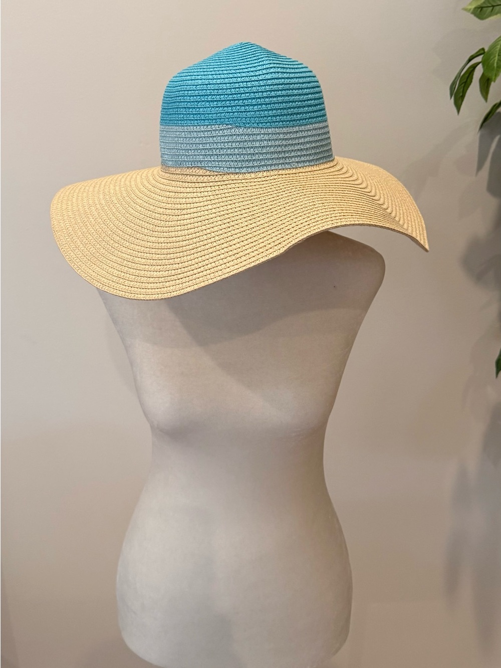 Wide Brim Straw Sun Hat with Gradient Blue Crown